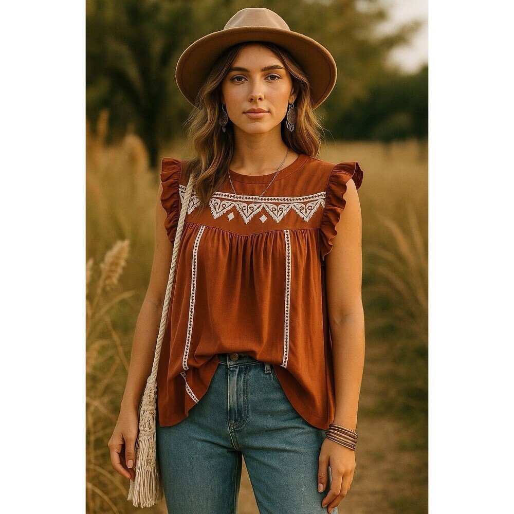 Lascana Woman’s blouse  Rust White Embroidery short flutter sleeves 6 Bohemian